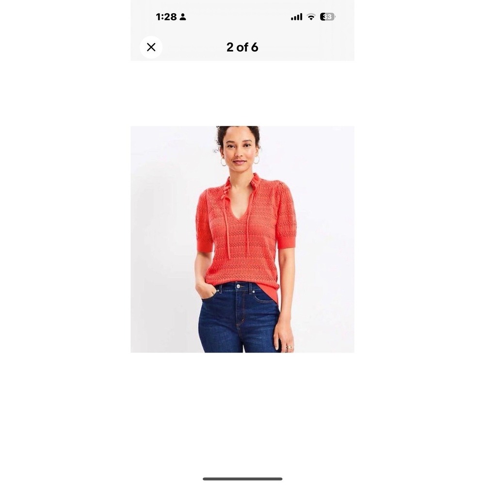 LOFT Size MP Pointelle Tie Neck Short Sleeve Cotton Knit Sweater Coral Red